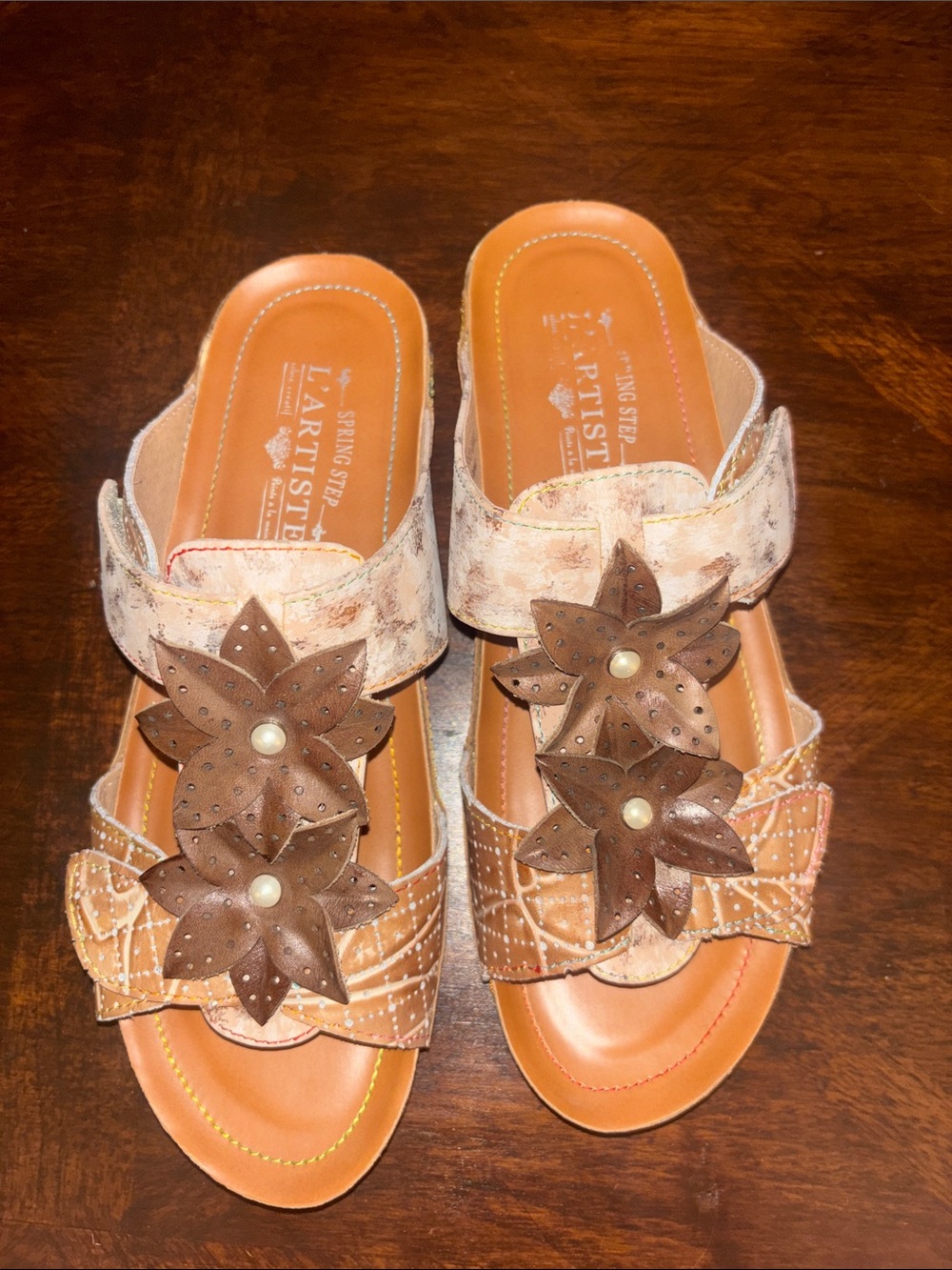 Casual Brown Floral Pearl-Accent Slide Sandals - Picture 3 of 7
